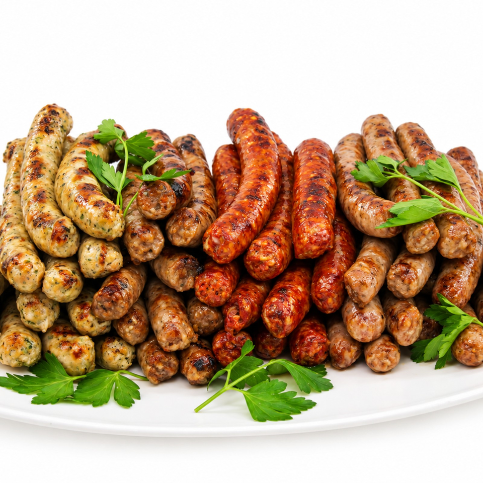 Grilled sausages in assorted colors arranged on a white platter with fresh parsley garnish.