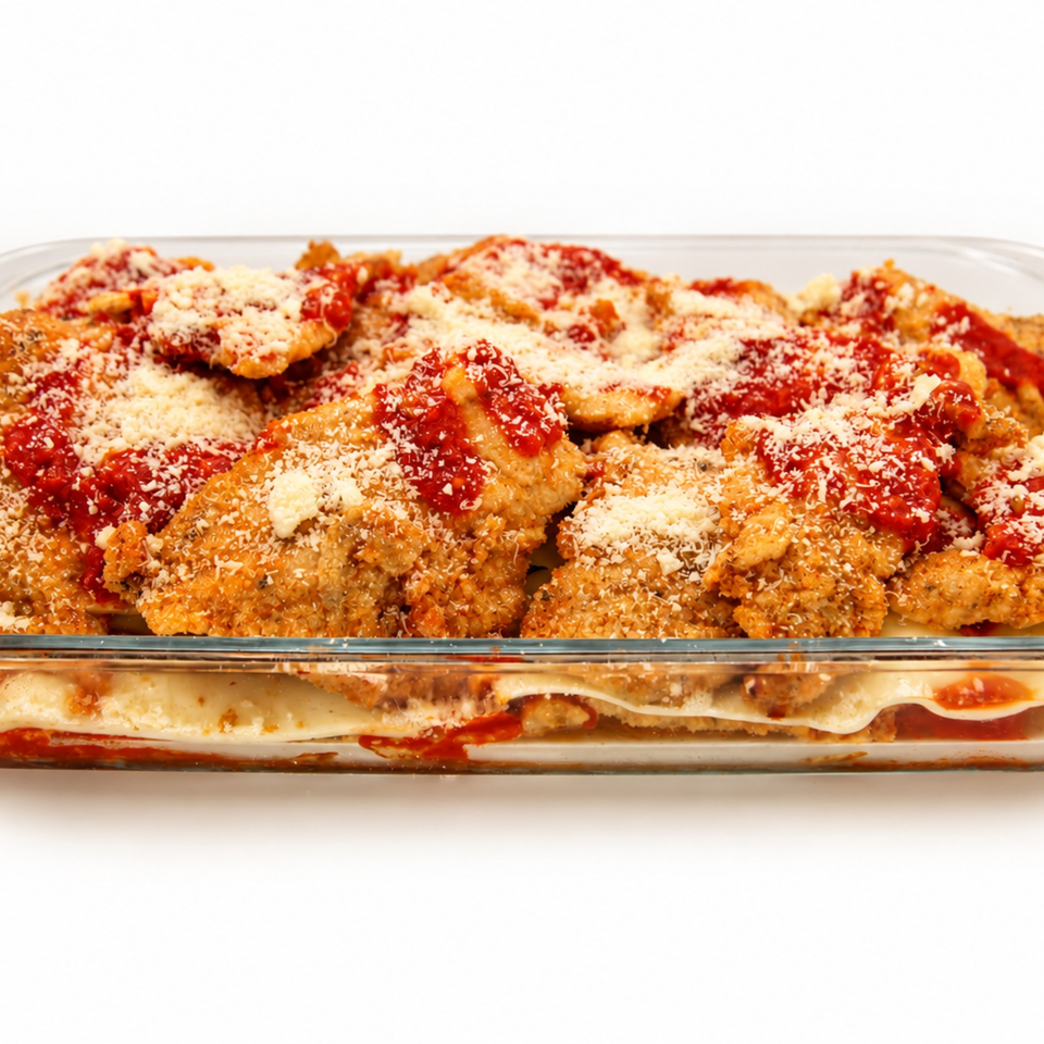 Breaded chicken cutlets topped with tomato sauce and grated cheese in a glass baking dish.