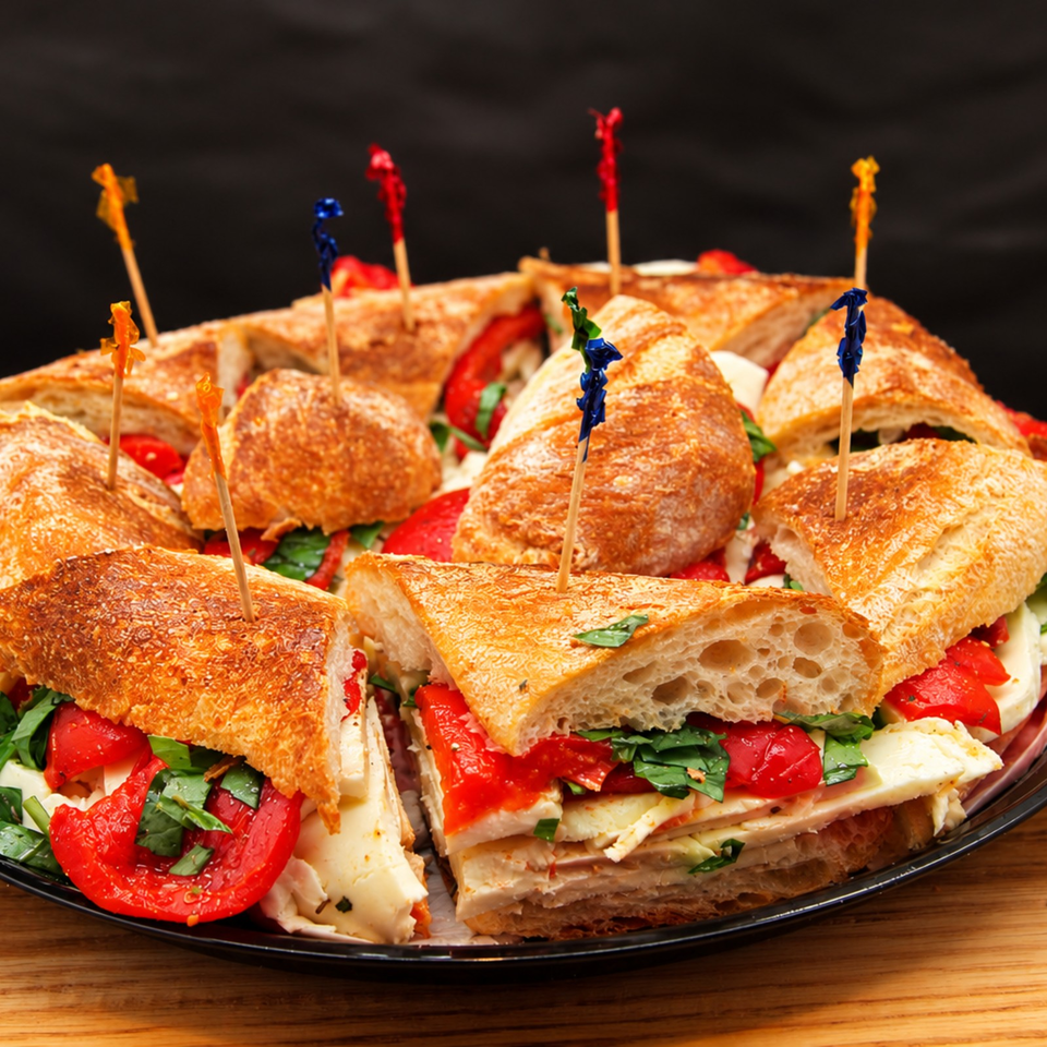 Assorted toasted focaccia sandwiches filled with tomatoes, fresh greens, and cheese, secured with colorful decorative picks on a platter.
